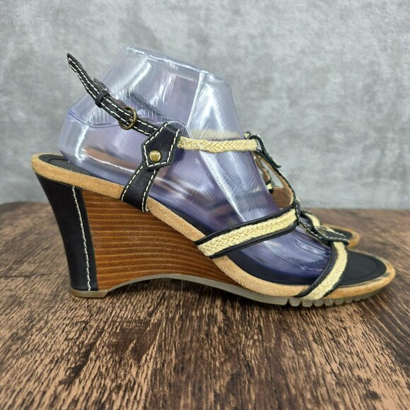 Aerosoles Swish Bone Strappy Wedge Sandals 11 Black Leather Natural Jute Comfort - Picture 6 of 14